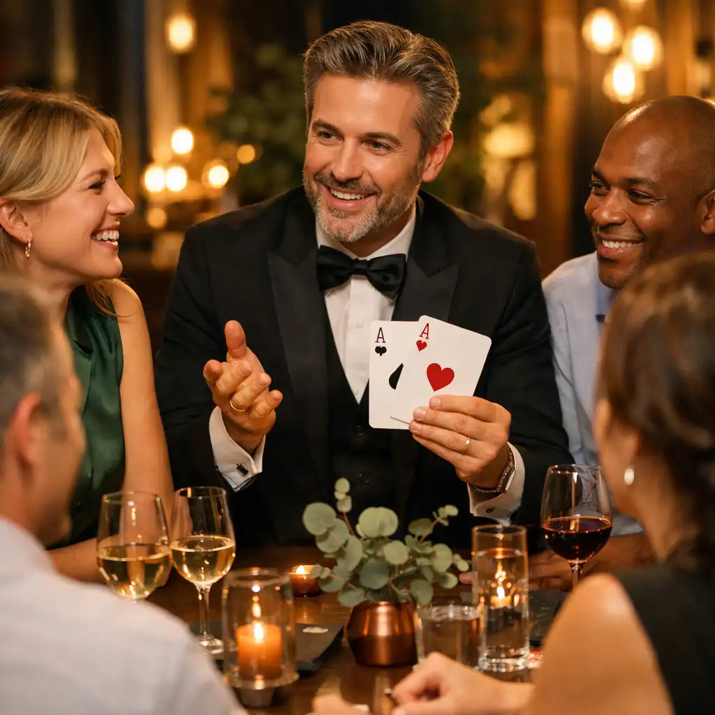 Animateur expliquant un format poker ludique à des invités lors d'un dîner