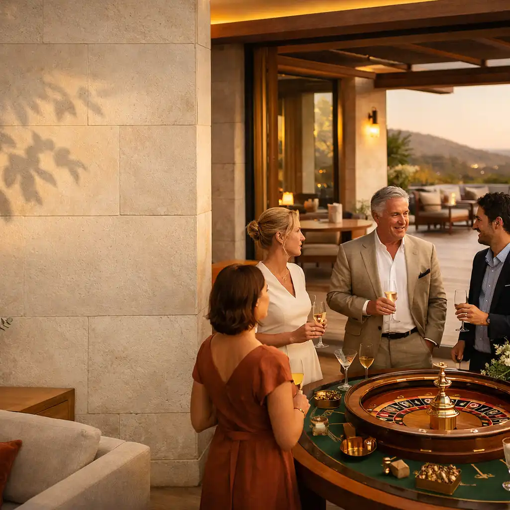 Réception élégante autour d'une table de roulette décorative dans un lieu lumineux