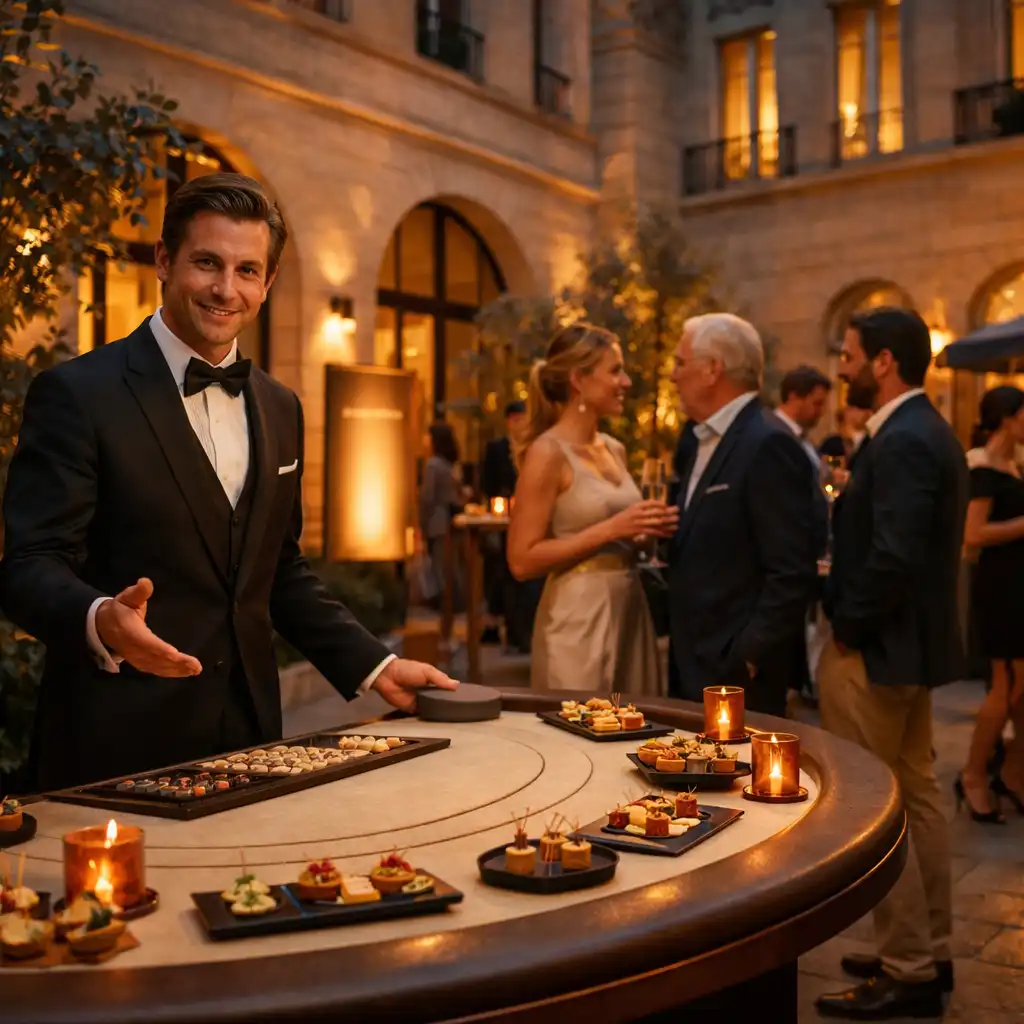 Animation blackjack au sein d’une réception avec invités, plats de cocktail et architecture en pierre