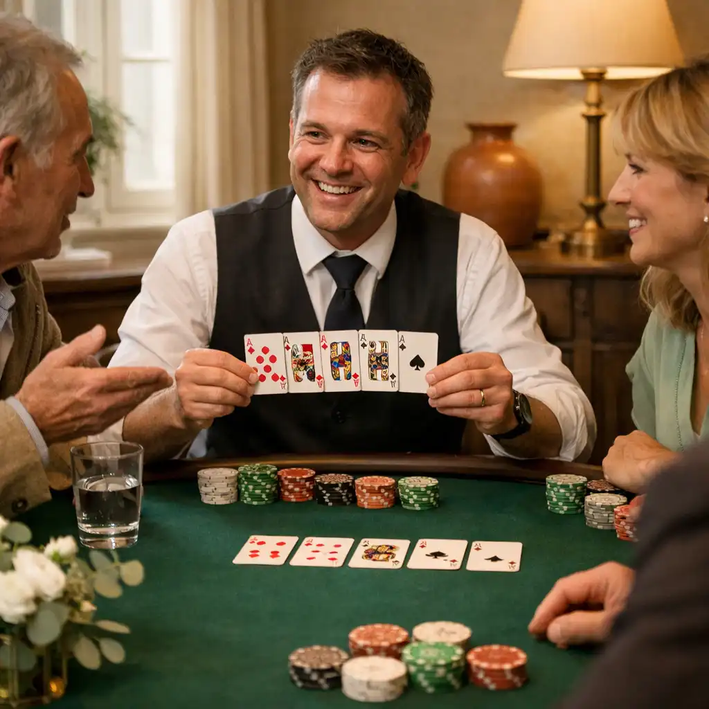 Animateur expliquant une animation poker à des invités autour d’une table