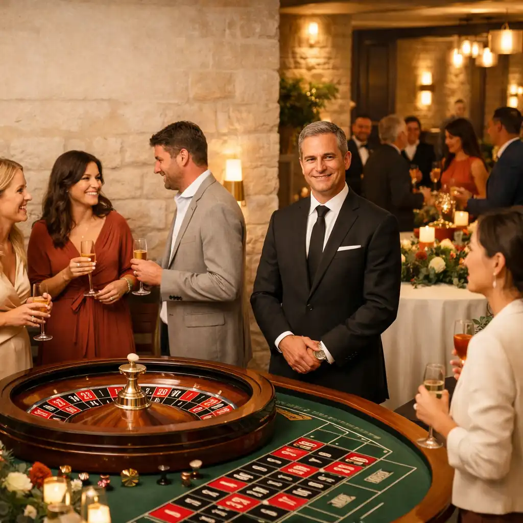 Invités réunis autour d’une animation roulette lors d’une réception élégante