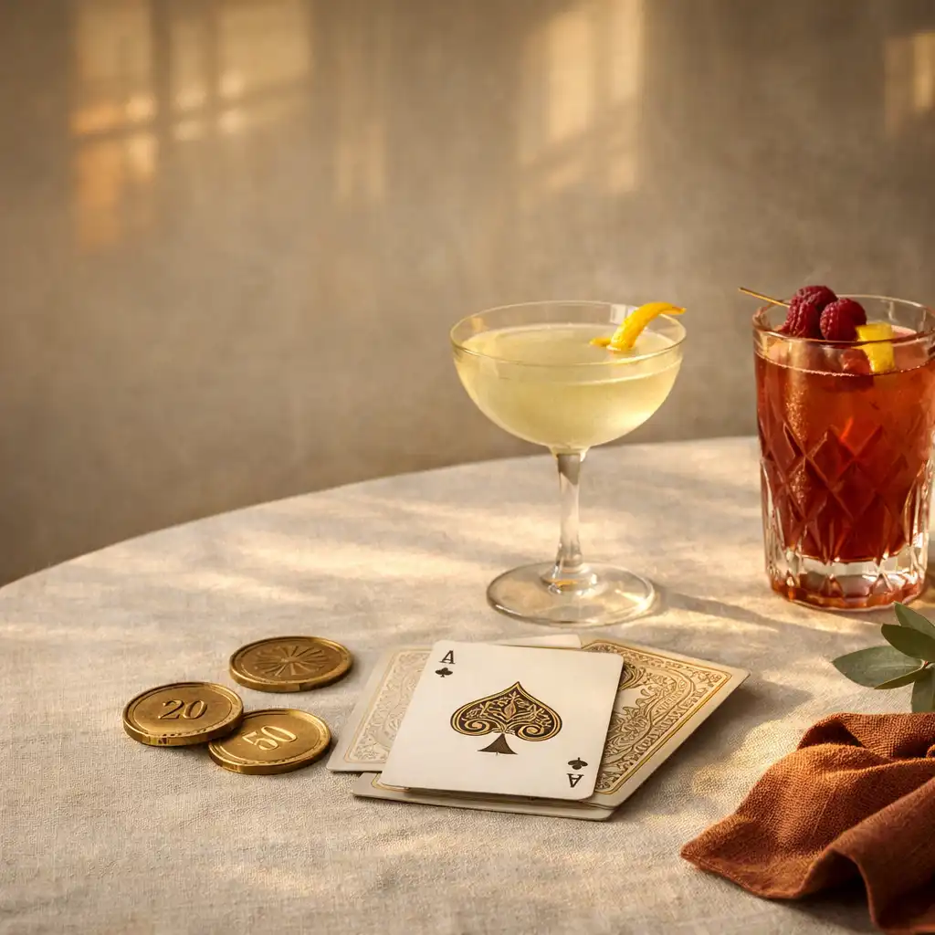 Détails de cartes, laiton, lin et cocktails sur une table de réception