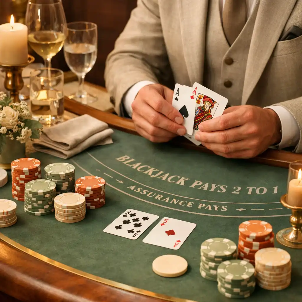 Détail soigné d'une table de blackjack préparée pour une réception privée