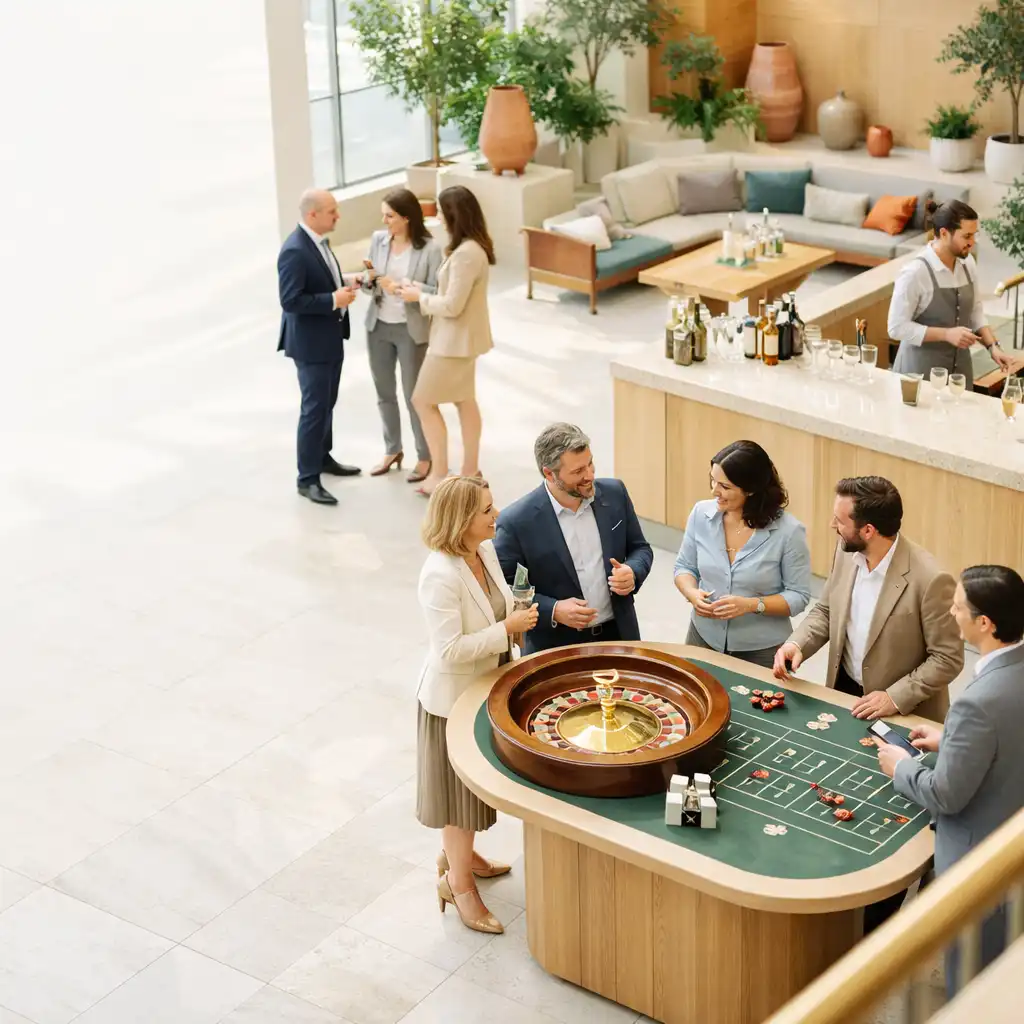 Collaborateurs réunis autour d'une animation de table dans un atrium lumineux