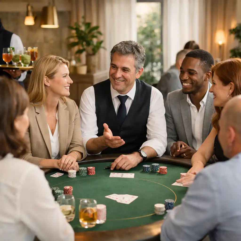Invités discutant autour d'une table de poker lors d'un cocktail professionnel