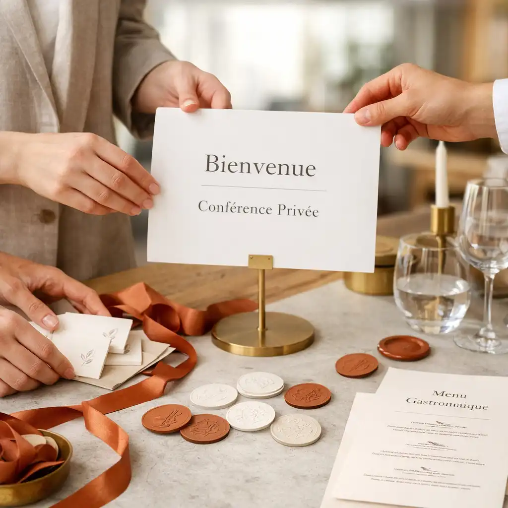 Préparation de détails de table et de signalétique pour un événement professionnel