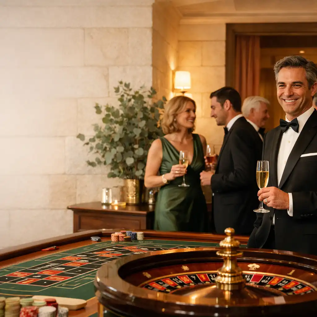 Invités réunis autour d’une table de roulette de divertissement lors d’une réception élégante