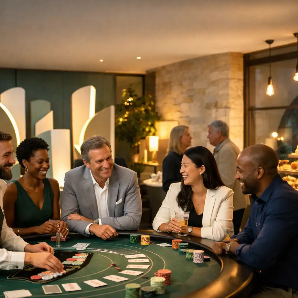 Collègues et partenaires autour d’une table de blackjack de divertissement lors d’une réception d’entreprise
