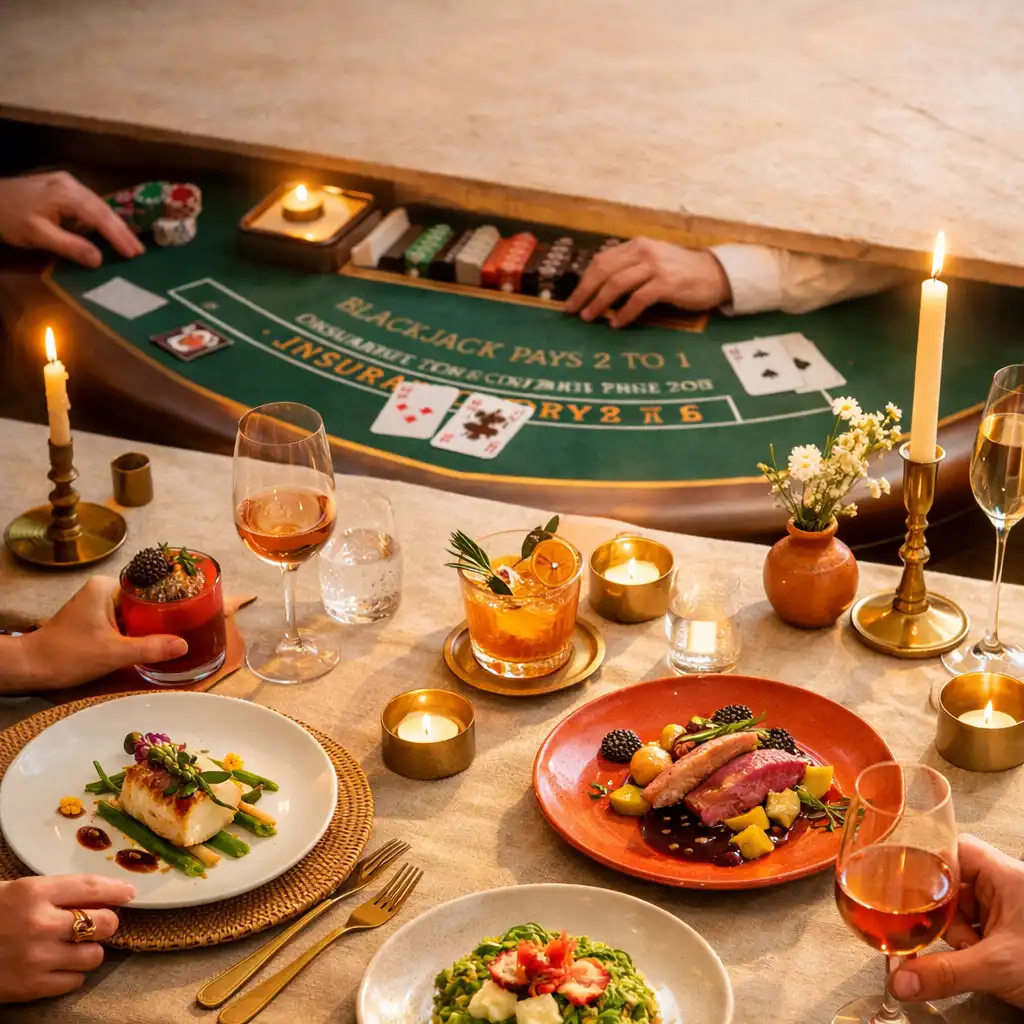 Table de dîner événementiel avec assiettes raffinées, cocktails et détail d’une table de blackjack de divertissement