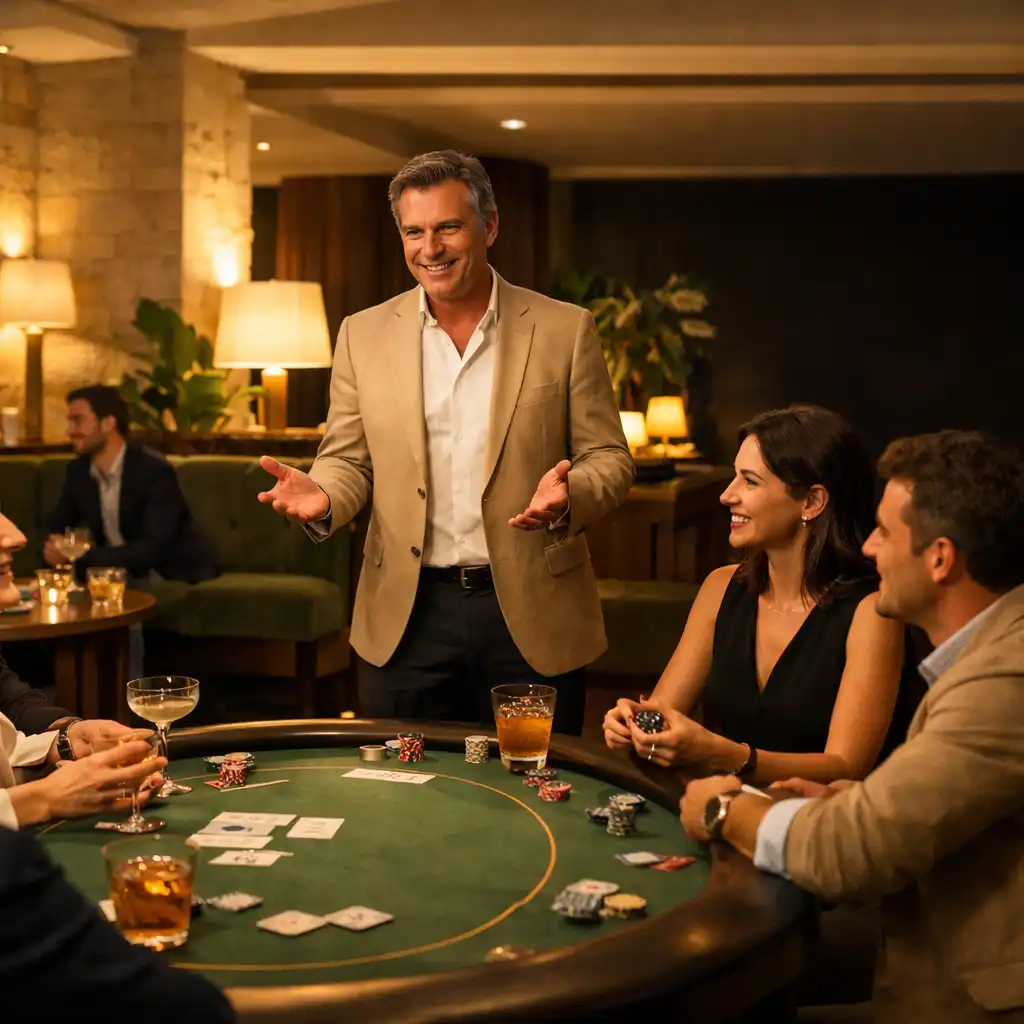 Invités assis dans un espace lounge autour de cocktails et d’une table de poker de divertissement