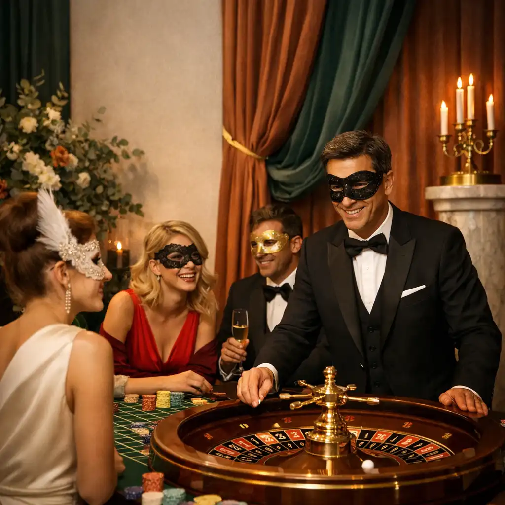 Installation événementielle à thème avec table de roulette de divertissement, animateur et invités