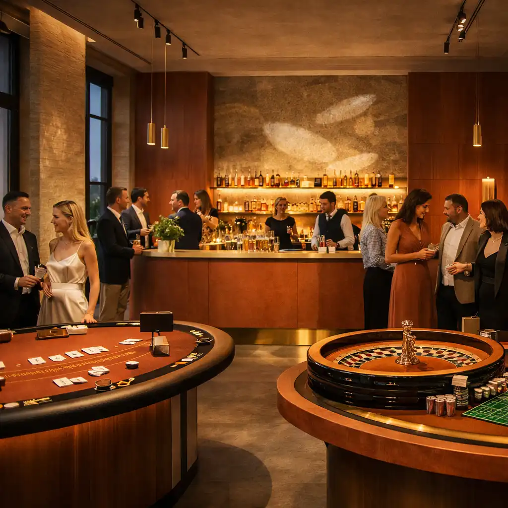 Lancement de marque dans une galerie contemporaine avec tables de blackjack et roulette intégrées à une scénographie lumineuse.