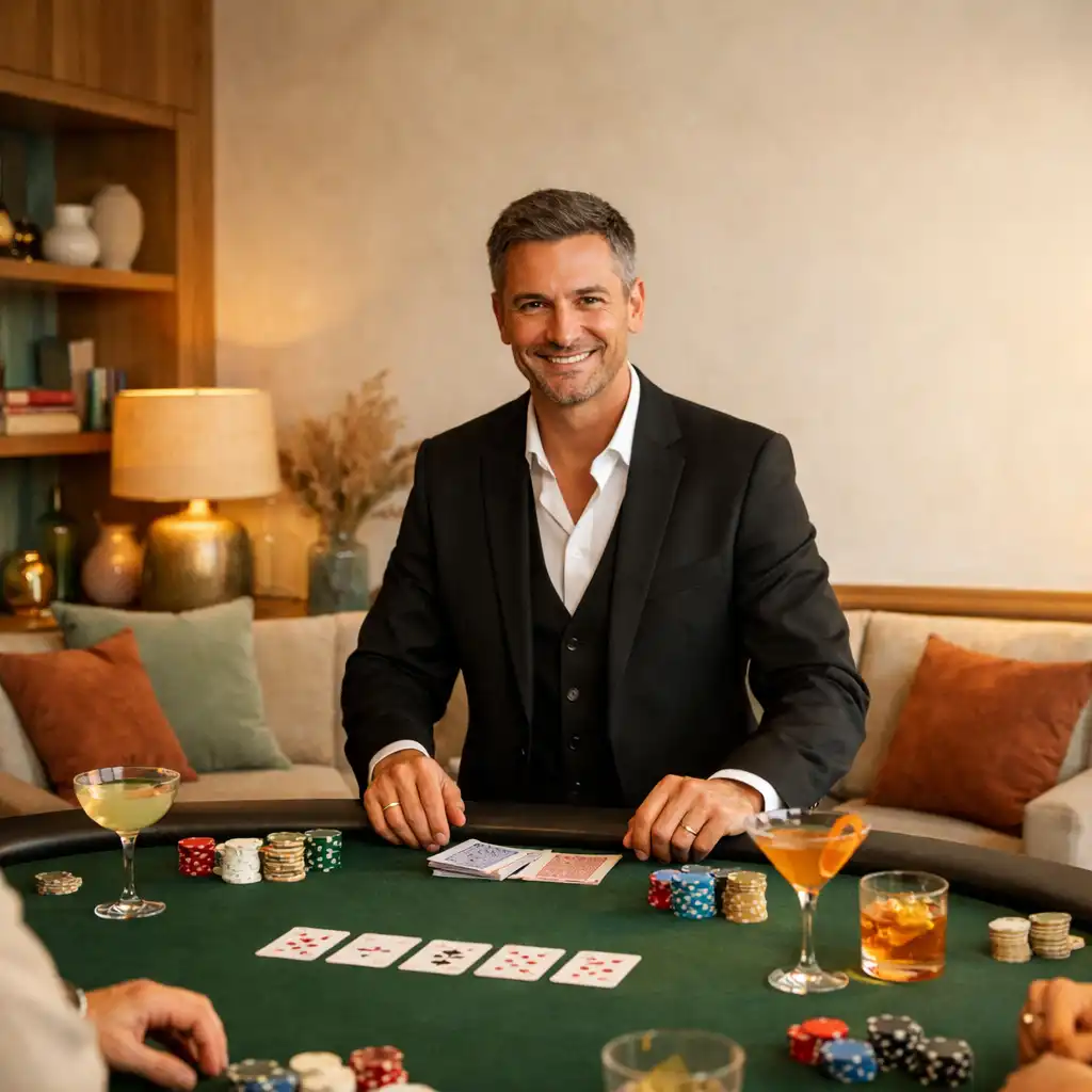 Hôte souriant animant une table de poker lors d’une réception d’entreprise