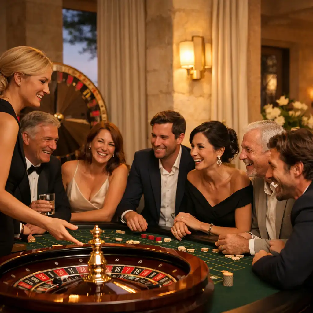 Invités réunis autour d’une table de roulette animée pendant une soirée