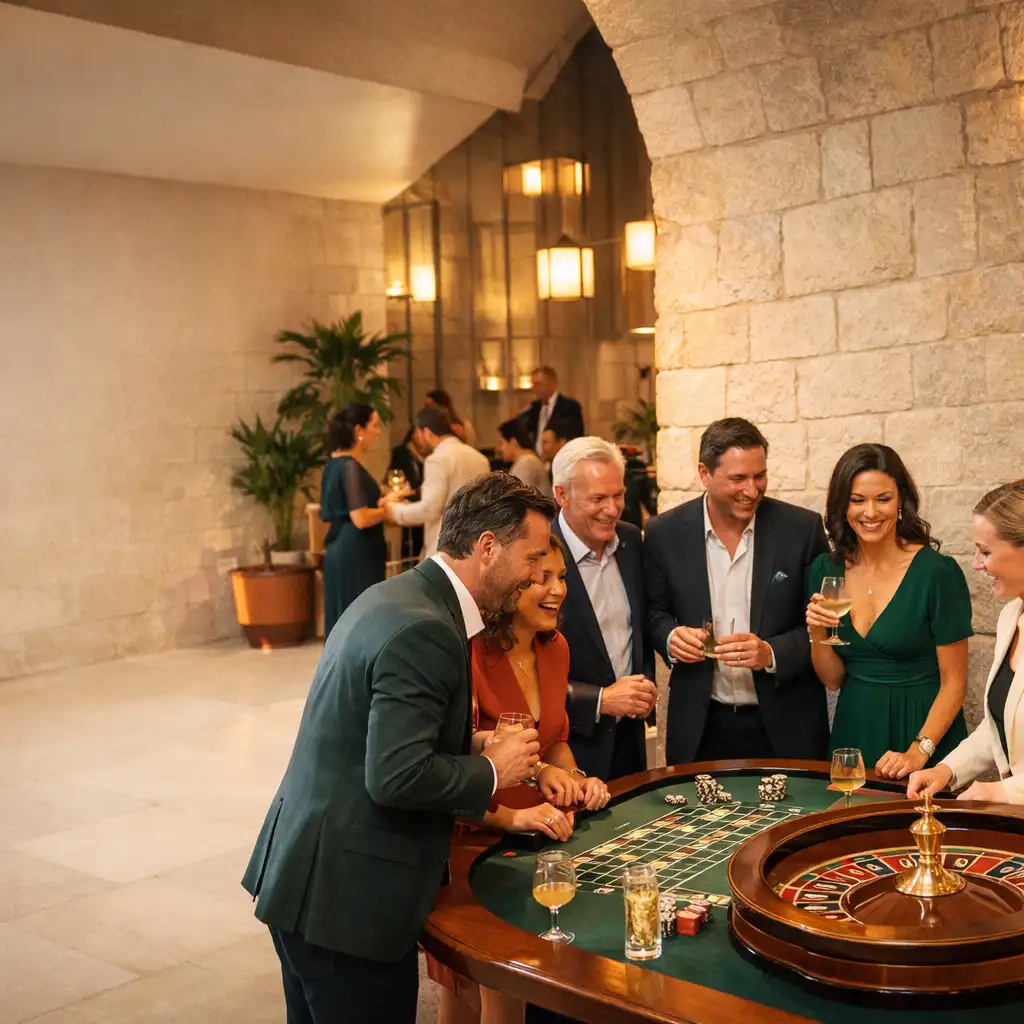 Invités réunis autour d'une table de roulette lors d'une soirée d'entreprise dans un lieu parisien contemporain.