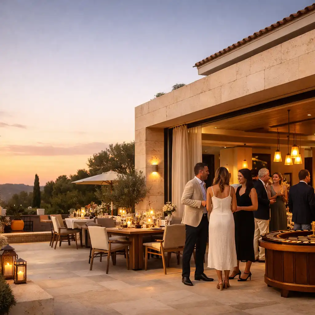 Invités réunis pour une soirée privée élégante sur la terrasse d'une villa