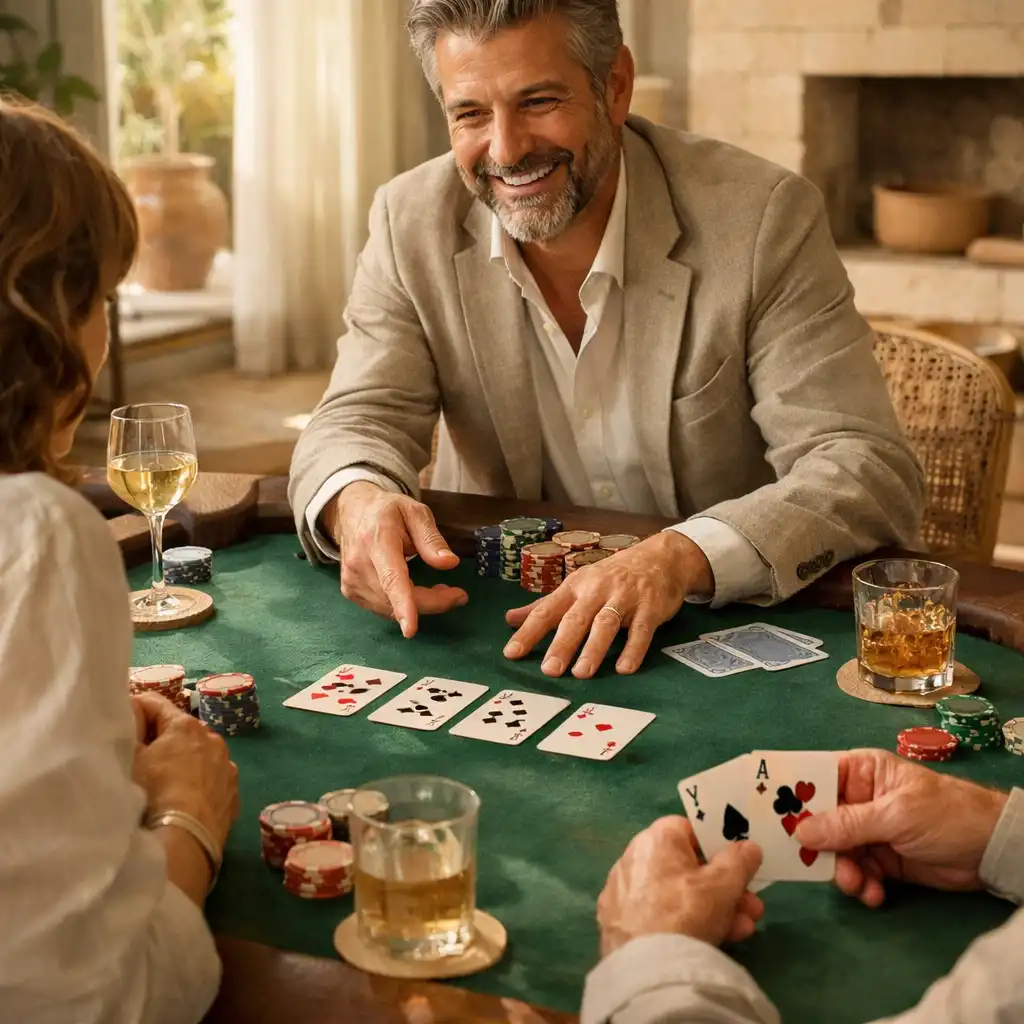 Invités adultes autour d'une table de poker animée lors d'une célébration privée.